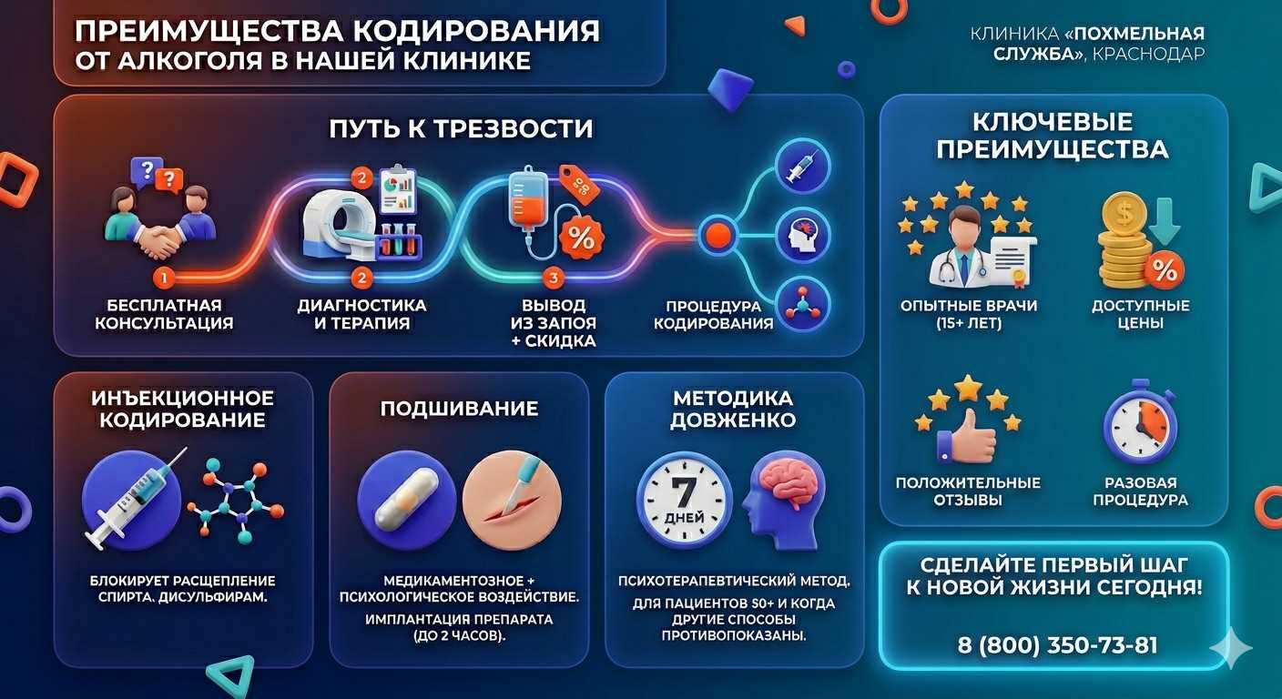 Инфографика о методах кодирования от алкоголя в Новоминской: инъекции, подшивание, метод Довженко. Преимущества клиники и этапы лечения.
