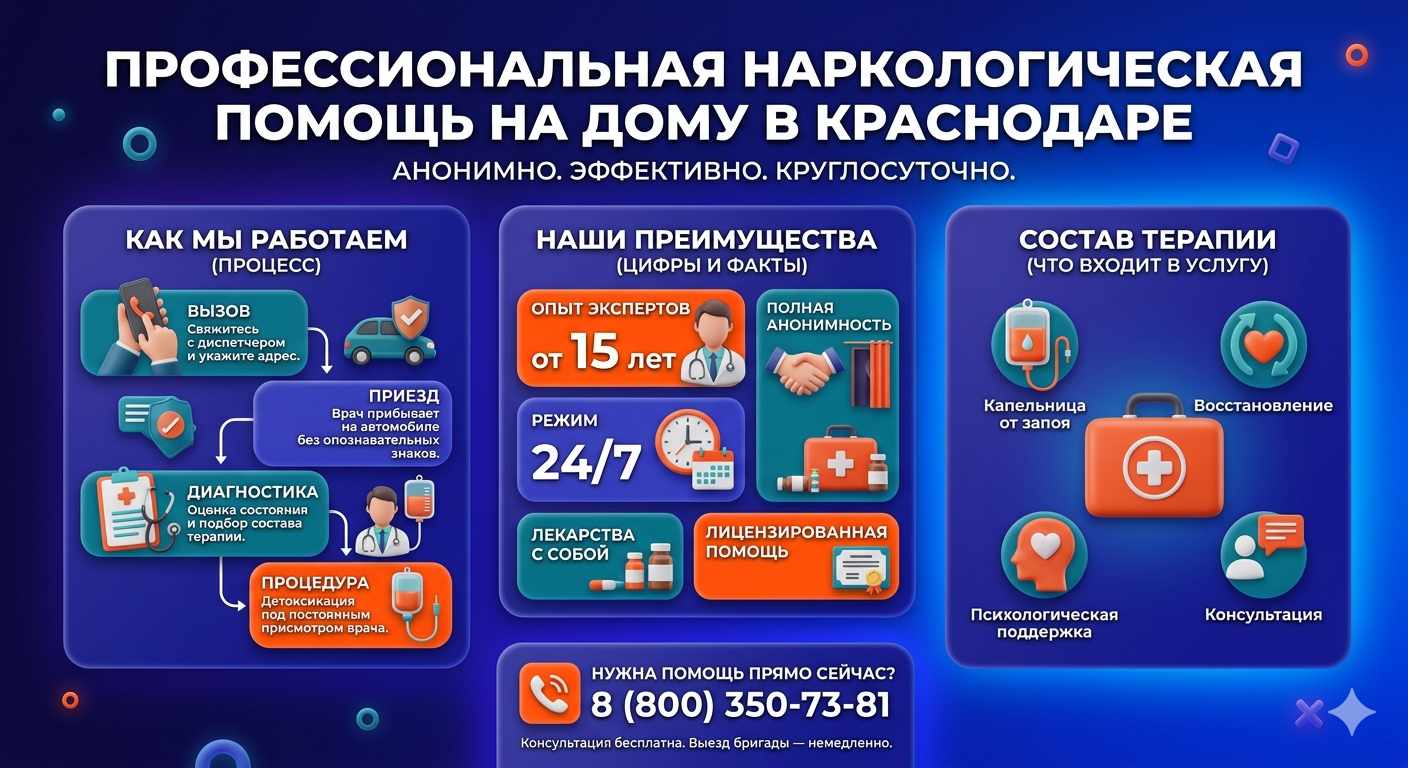 Инфографика о принципах лечения алкоголизма на дому в Новоминской: этапы вызова нарколога, преимущества анонимной детоксикации и состав медицинской помощи.